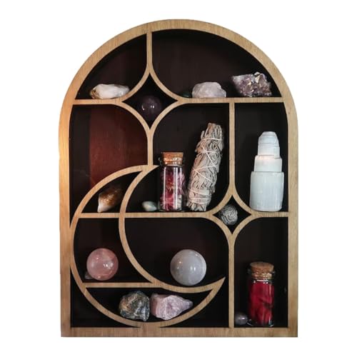 Mondregal-Decorative Crescent exhibición de madera, organizador de pared inspirado en boho | Estante de almacenamiento de luna de champiñones estético para cristales, decoración de gegal colgante para