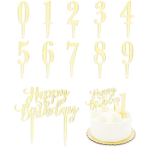 Sparkle and Bash Gold Happy Birthday Cake Topper and 0-9 Number Toppers (11 Pieces)