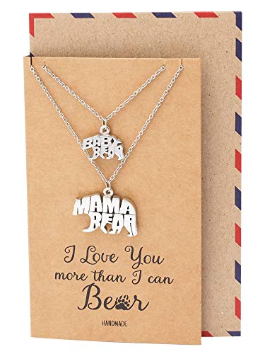 quan jewelry Set of 2 Daughter or Son and Mama Bear Pendant Necklaces with Greeting Card, Mother Daughter Gifts, Mother's Day Gift, Silver Tone - Handmade (Mother Daughter Son Gift)