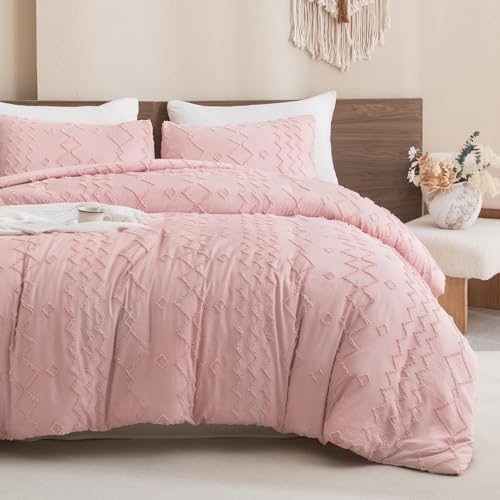 Image of Andency Pink Tufted Comforter Set Queen(90x90Inch), 3 Pieces(1 Boho Comforter, 2 Pillowcases) Textured Farmhouse, Soft Down Alternative Geometric Bedding Set