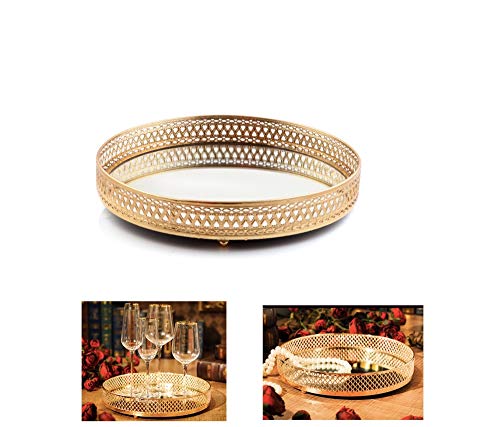 Dipamkar® 28cm Redondo Gold bandeja con espejo, Bandeja de Servicio con Acabado Electrochapado, Bandeja para velas