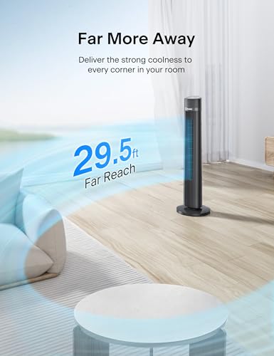 Image of PELONIS 40 inch Bladeless Tower Fan for Bedroom, Standing Fan with Remote Control, 26ft /s, 90 Oscillation, 3 Speed Settings, 27 Db, 3 Modes, 15-Hour Timer, LED Display, Fan that Blows Cold Air, Grey