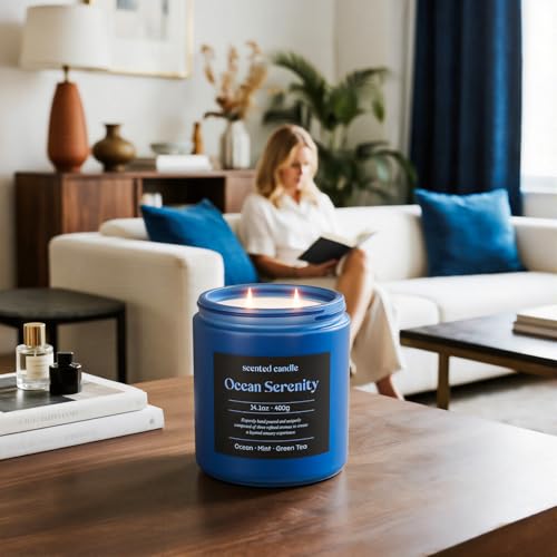 Image of CHILLFLAME Scented Candles, 14.1 oz Scented Candles for Home, 2 Wicks Blended Scents Aromatherapy Candles for Women and Men, Birthday Gifts for Women (Ocean+Mint+Green Tea)