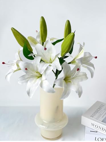 Image of VRB Dec Plastic 1 Pcs (3 Head) Lily Artificial Flowers Bunch Foam Flowers Sticks,Lily Artificial Flowers for Home Decor,Bedroom, Living Room, Table, Balcony, Office, Wedding, Pooja (White Color)