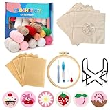 RANJIMA 6-teiliges Punch Needle Set, Stickset für Anfänger,Sticken Set Erwachsene mit Motiven,Garn,Stickrahmen, Anleitung & Halter,Stickerei Set für DIY Kunst Handwerk,Kreuzstich Weihnachten Geschenke