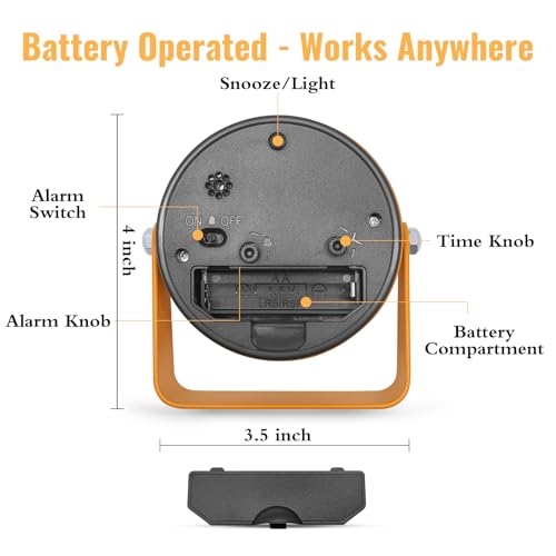 Image of Lamisola 3.5 Inch Bathroom Clock, Small Alarm Clock for Bedroom, Orange | Battery Travel Desk Table Analog Clock for Kids Seniors Teens, Retro Cute Metal Home Decor Shelf Clock, Night Light Snooze