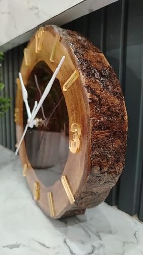 Image of Wall Clock | Handcrafted Sheesham Wooden Wall Clock with Silent Sweep Quartz Movement - Solid Wood Wall Clock for Living Room, Office & Home Decor (Rustic Design) (Golden)