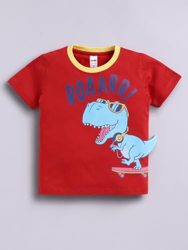 Image of LITTLE NINJA Pure Cotton Knee Length Half Sleeve Roaring Dinasour Printed Tee & Shorts Set - Red 0-6M