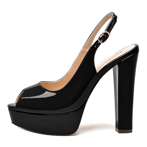 NUMALEO Womens Comfortbale Peep Toe Patent Buckle Sexy Night Club Slingback Block High Heel Pumps Shoes 5 Inch2