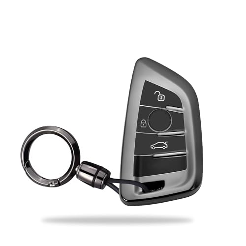 Image of SIAGO TPU Key Cover and Round Key Chain Compatible with BMW X4, X3, 5 Series, 6 Series, 3 Series, 7 Series 3 Button Flip Key (Grey)