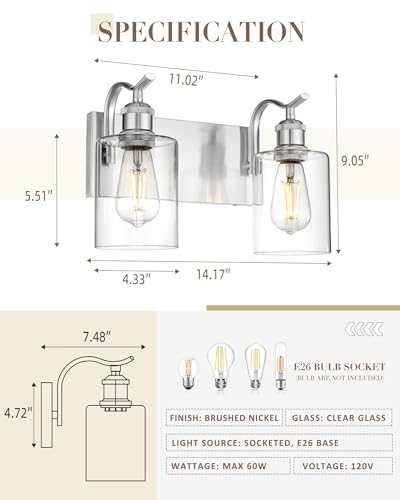 Image of 2-Light Bathroom Vanity Light, Brushed Nickel Wall Sconce, Modern Bathroom Light with Clear Glass, VL01BN-2