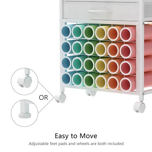 VENNQD Organizer and Storage Stand Compatible with Cricut Machines,Rolling Storage Cart/Shelf with 24 Vinyl Roll Holders,2 Fabric Drawer,Accessories Holder,Tool Hook for Craft Room Home (White)