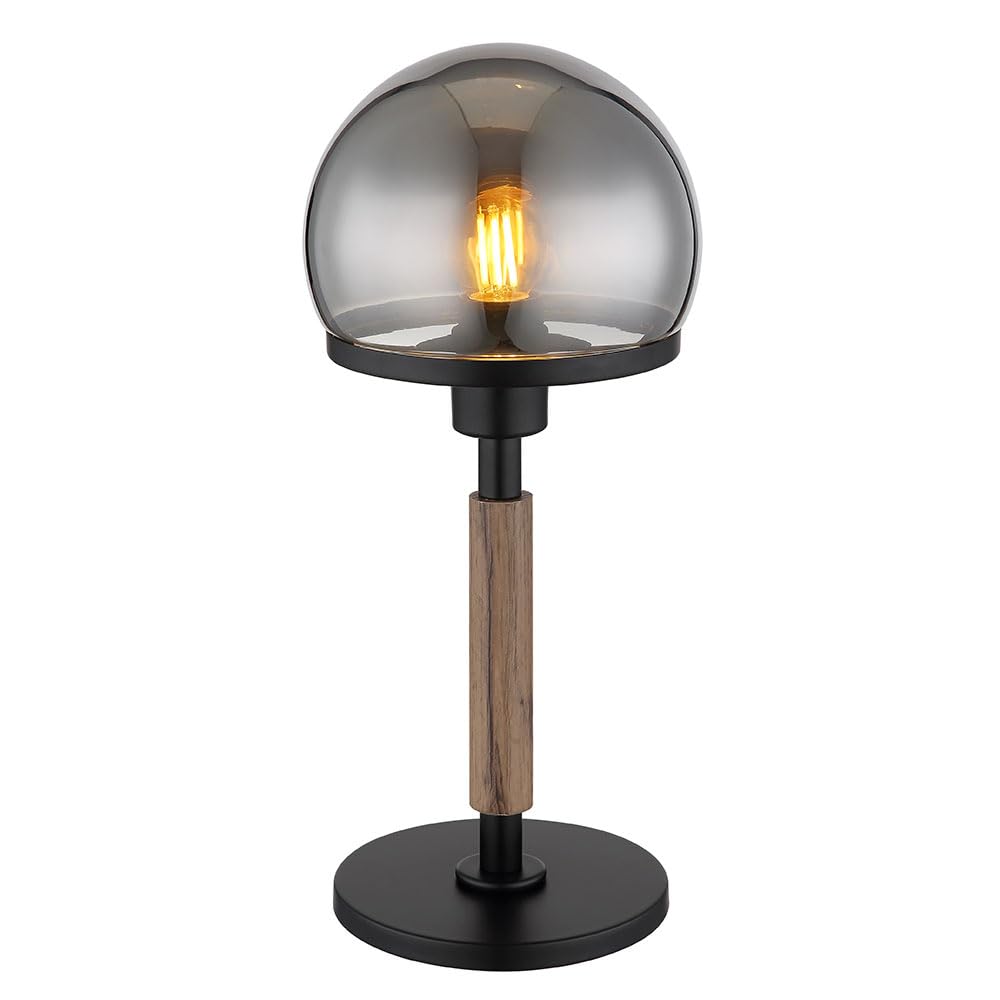 Tischlampe Pilz Design Nachttischlampe Retro Tischleuchte Rauchglas Holzoptik Wohnzimmerlampe, Metall schwarz, 1x E27, DxH 18 x 40 cm