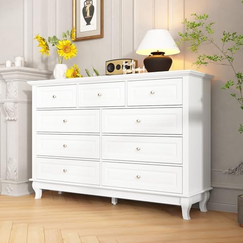 Image of TAMUNE Chest of Drawers 9 Drawer Dresser for Bedroom, Modern White Dresser with Silver Knobs, Wide 9 Drawer Chest with Wood Legs for Bedroom Living Room, 15.7”D x 55.1”W x 37”H