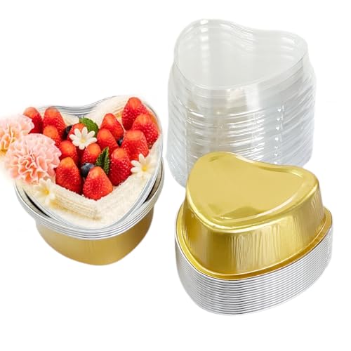 Mini Cake Pans With Lids,Heart Shaped Cake Pans,20 Pcs 3.7oz/110ml Aluminum Foil Mini Disposable Heart Shaped Containers for Mother'S Day, Weddings and Birthdays Party (Golden)