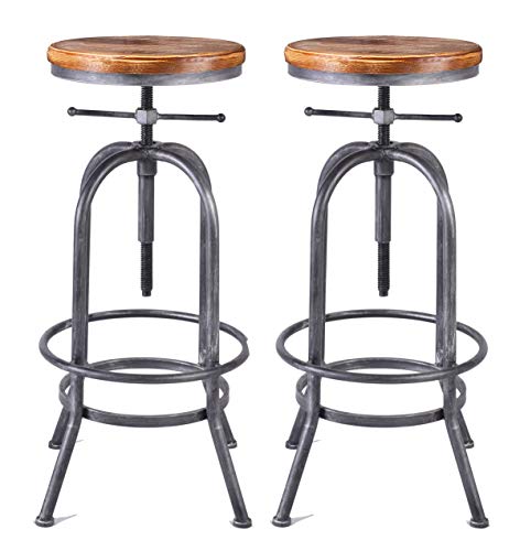 Lokkhan Industrial Bar Stool-Vintage Adjustable Swivel Metal Wood Stool-Rustic Farmhouse Bar Stool-Cast Iron-26-32.3 Inch Kitchen Counter Height-Bar Height (Silver(2Pcs)) #TOP13