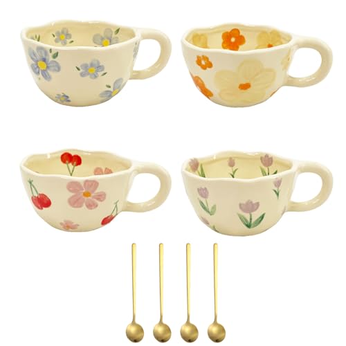 Cute Ceramic Coffee Mugs Set of 4, Floral Pattern, 250ml Porcelain Cups with Spoons, Multicolour