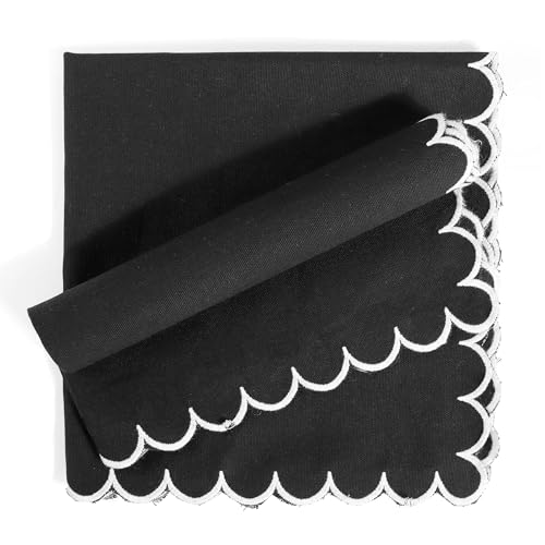 Image of FINGERCRAFT Scallop Edge Cloth Napkins | Set of 6 | 20x20 Inches | 100% Cotton | Table Napkins for Any Occasion | Washable, Perfect for Parties and Everyday Use (Black Matty, Set of 6)
