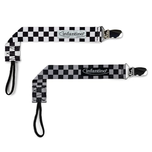 Image of BooginHead by Infantino PaciGrip 2-Pack Pacifier Clips – Universal Fit, Gentle on Clothes, Keeps Pacifiers Clean & Close, Ages 0-36 Months, Black, Grey and White Skater