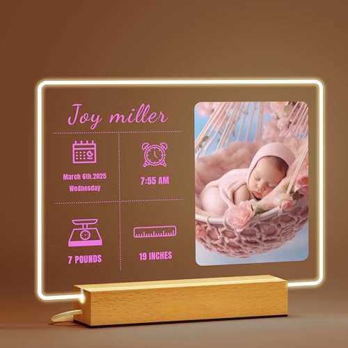IOUMAM Personalized Baby Milestone Night Light for Kids, Newborn Gifts for Baby Boys Girls, Custom LED Picture Frame Acrylic Plaque, Children's Room Nursery Bedroom Decor, Baptism Shower Gifts for Kid