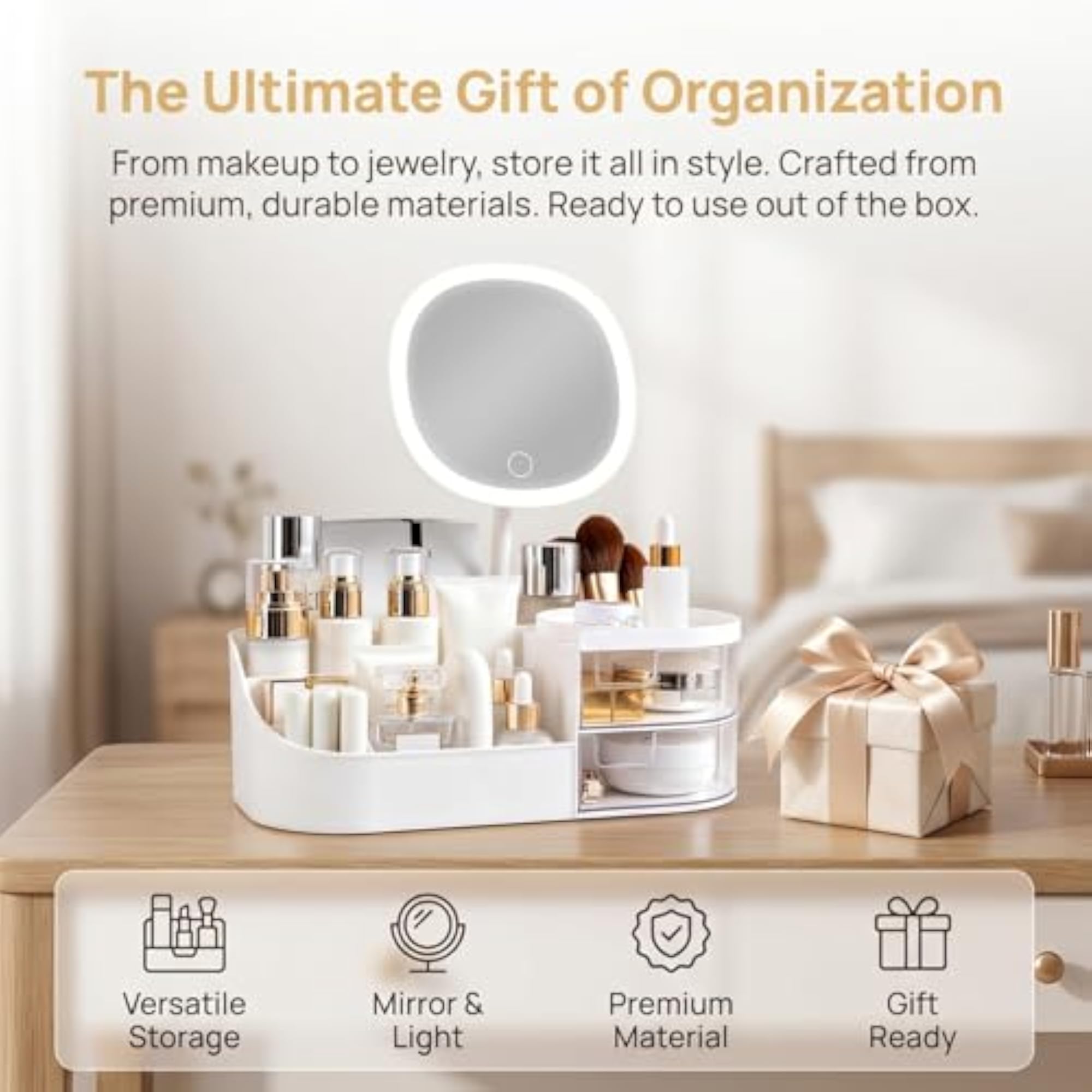 Makeup Organiser with LED Lighted Mirror, Large Capacity Box