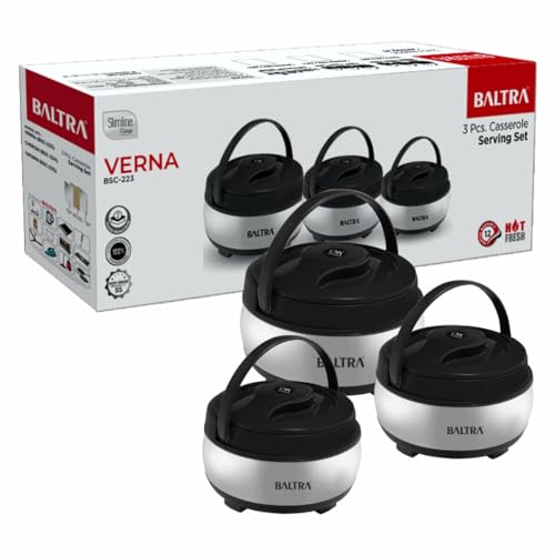 Image of BALTRA Inner Stainless Steel Casserole Set | Keeps Food hot & Fresh Chapati, Roti, Biryani | Serving Bowl with Lid | Hot Box for Kitchen | House Warming Gifts Set (Verna (1000ML,1500ML, 2000ML))
