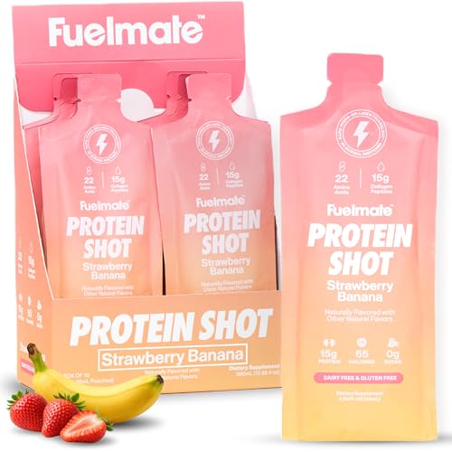FUELMATE Strawberry Banana Liquid Collagen Easy Protein Shots - 15g Protein + 22 Amino Acids - Hydrolyzed Bovine Collagen Peptides for Skin Hair & Joints - 10 x 1.29oz - Sugar Dairy & Gluten Free