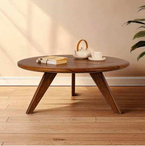 Image of Solid Wood Round Coffee Table for Living Room, Dining Room, Kitchen | Wooden Center Table for Home Decor (55x55x40 CM, Brown)