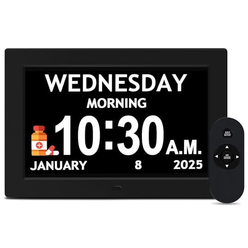 7'' Digital Clocks, 12 Reminders & 6 Alarms, Dementia Clock with Date and Time for Elderly, Auto-Dimming, Button & Remote Control, Auto DST, Digital Calendar for Seniors Large Display, Black Woodgrain