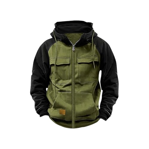 Hoodies Mens Zipper Patchwork Warm Fleece Sweatshirts Multi Pockets Male Fashion Hooded Jacket Thick Outdoor