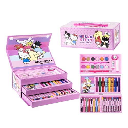 CERDÁ LIFE'S LITTLE MOMENTS Valigetta Artistica Hello Kitty and Friends per Bambina 3+ Anni, zestaw do zabawy z Pennarelli, Matite, Tempere, Accessori Creativi, Manico Richiudibile