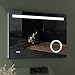 Produktbild EMKE LED Badspiegel 80x60cm Badspiegel mit Beleuchtung kaltweiß Lichtspiegel Badezimmerspiegel Wandspiegel mit 3-Fach Vergrößerung, Sensor-Schalter, Uhr, IP44 energiesparend