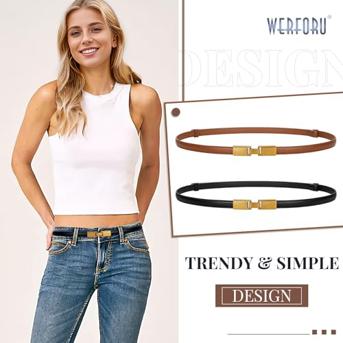 WERFORU 2 Pack Women Adjustable Thin Leather Belt Ladies Skinny Waist Belts for Dress Jean Slim Leather Belts for Women2