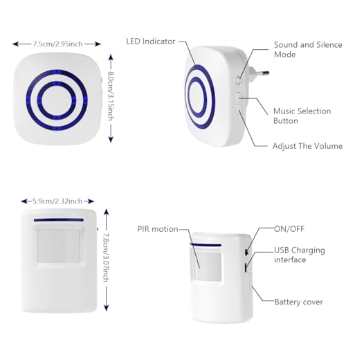 AXFEE Durchgangsalarm, Beweungsklingel Set mit 1 Elektronischem Plug-in-Empfänger＆1 PIR-Bewegungssensor-Detektor, Drahtlose Bewegungssensor mit 38 Klingeltönen, 3 Lautstärkestufen＆Blau LED Anzeige
