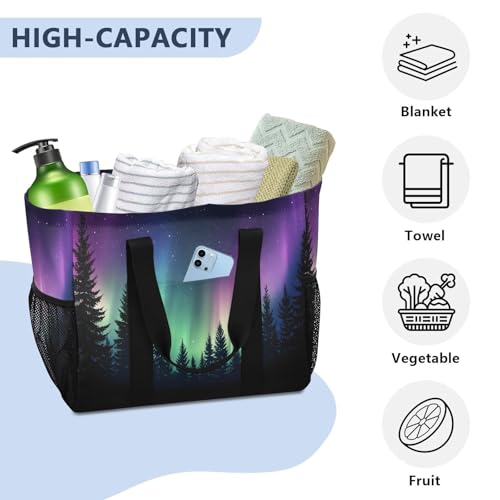 Large Waterproof Travel Tote Bag for Women Men, Aurora Borealis Forest Galaxy Canvas Beach Bag with Lining & Pockets - Reusable Grocery/Laundry/Kitchen/Pool/Picnic Tote (15.4x9.8x12.8in) 5