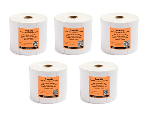 Image of True-Ally 75x50 Direct Thermal Barcode Label Sticker - 3 x 2 inches - 75mm x 50mm - 1000 Labels Per Roll - White Self Adhesive Sticker for Printing Barcoding (5 Rolls Per Pack(5000 Labels))