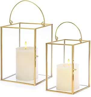 SUMNACON Set of 2 Glass Hurricane Candle Holders Pillar Candle Holder, Decorative Clear Gold Candle Holder Table Centerpiece, Cube Candle Stand with Handle for Wedding, Party, Banquet