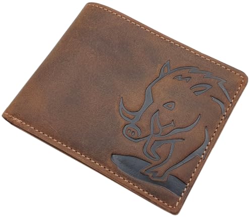 Echt Büffel-Vollleder Geldbörse/Geldbeutel/Portemonnaie in Hoch- oder Querformat mit Wildschwein-Motiv oder ohne Motiv mit RFID & NFC Schutz (Modell 2 / Querformat/Braun)