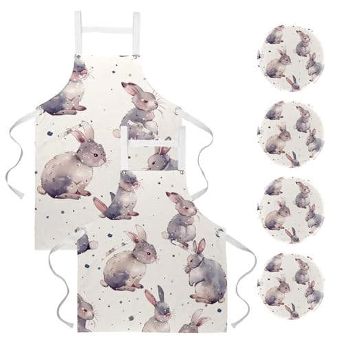 Lot de 2 tabliers de cuisine à motif lapins multicolores avec 4 broches