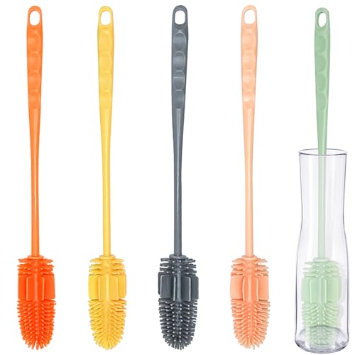Image of Silicone Bottle Brush 5PCS Cup Brushes 10.62 inch Long Handle Bottle Scrubber for Baby Bottle, Glassware, Vase, Water Cup Cleaner Brush