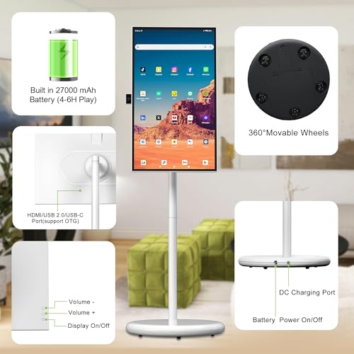 تلفزيون ذكي محمول 27 بوصة، شاشة تعمل باللمس 1080 بكسل بنظام اندرويد على عجلات كاميرا 8 ميجابكسل بطارية 4-6 ساعات تخزين 6+128 جيجابايت شاشة قابلة للدوران للمنزل/ المكتب/ الهواء الطلق عربي وجوجل بلاي