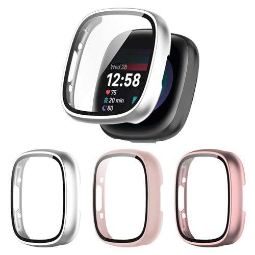 Kimiyaki 3 Pack for Fitbit Sense 2 / Versa 4 Screen Protector Case [Full Coverage] Hard PC Bumper All-Around Protective Accessories for Fitbit Sense 2 / Versa 4 Built-in Tempered Glass Film