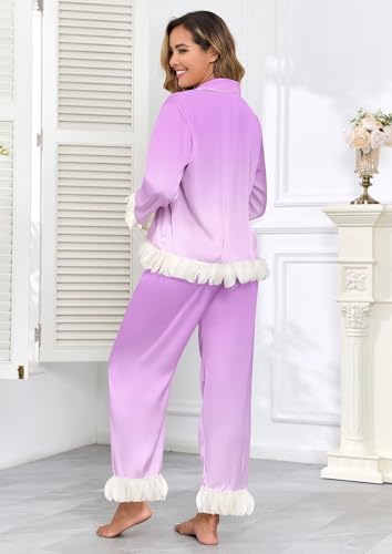 Image of Brosloth Womens Silk Pajamas Set Long Sleeve Satin Button Up Sleepwear | Cute Soft Fall Pjs Sets, Lace 2 Piece Lounge Set, Elegant Bridesmaid Pajama, Skin Friendly Sleepwear for Wedding, Honeymoon