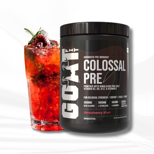 Image of Colossal Pre | PreWorkout Powder (Strawberry Kiwi 360gm 30 Servings) 200mg Caffeine 3.5g Beta-Alanine 3g Citrulline 1.5g Arginine 1g Creatine with Himalayan Pink Salt