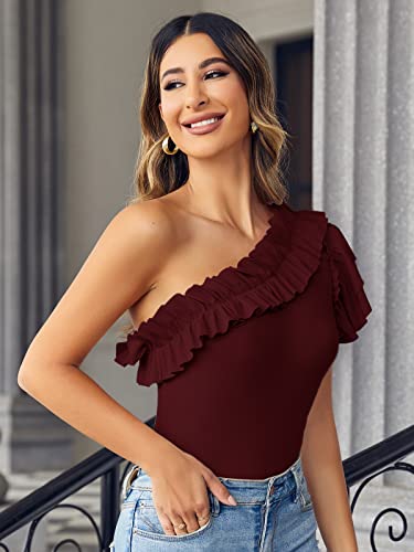 Farktop Womens One Shoulder Shirts Ruffle Sleeve Slim Fit Knitted Ribbed Summer Tops2