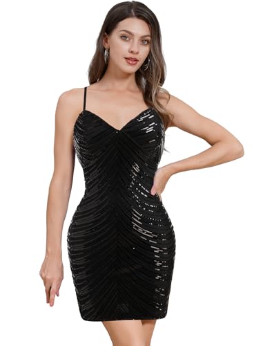 Short Prom Dresses for Teens Sequin Dress for Women Girls Dance HOCO Dress Sparkly Spaghetti Straps Bodycon Cocktail Party Dresses Backless Mini Homecoming Dresses Short Summer Black Two M