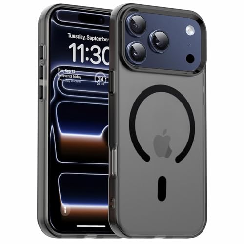 Image of Elzzi Translucent Matte Back Cover for iPhone 17 Pro Max Case, Shockproof Anti-Fingerprint Phone Cover with Magnetic Wireless Charging, MagSafe Compatible Protective Case for Men & Women (Black)