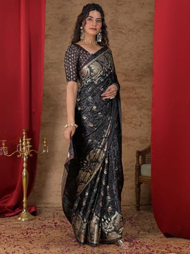 Image of Satrani Women's Crepe Foil Printed Weaving Banarasi Saree with Unstitched Blouse Piece
