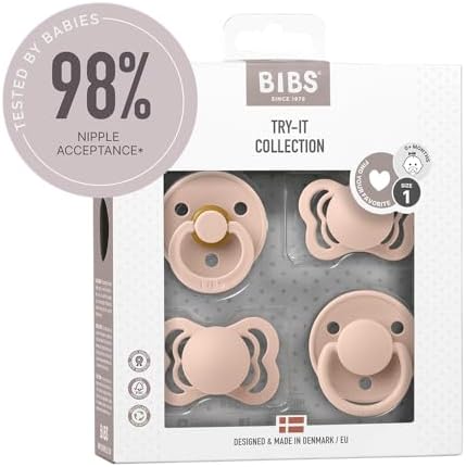 Bibs Try-IT Collection Silicone & Natural Rubber Baby Pacifier - Round, Symmetrical, Anatomical Nipple Shapes, Gentle Shield Prevents Skin Irritation & Moisture Buildup, 0-6 Months, Pack of 4, Blush