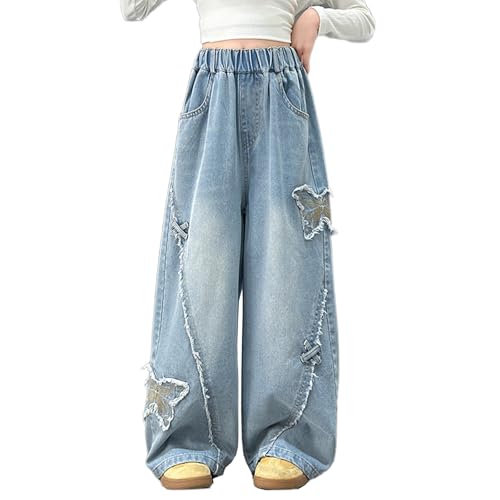 Girls Wide Leg Jeans Elastic Waist Baggy Butterfly Printed Jeans Y2k Aesthetic Loose Denim Pants 6-14 Years